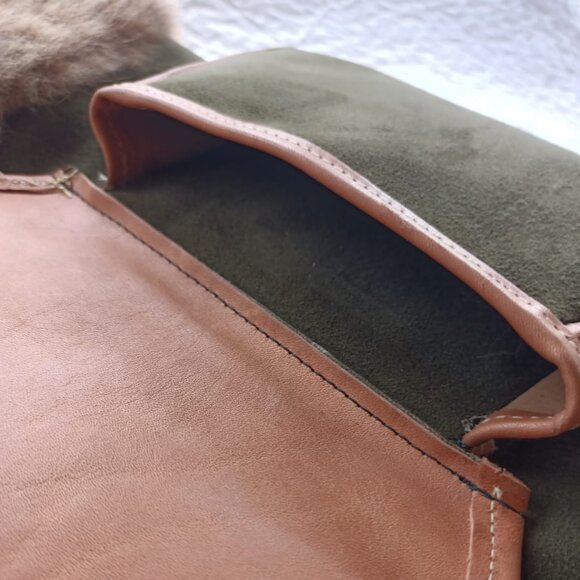 Vintage Green Suede Leather Shearling Fur Muff Adjustable Strap Purse w Pocket - Picture 9 of 13